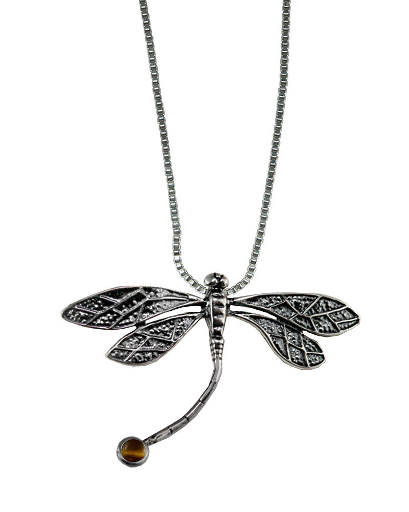 Sterling Silver Graceful Dragonfly Pendant With Tiger Eye